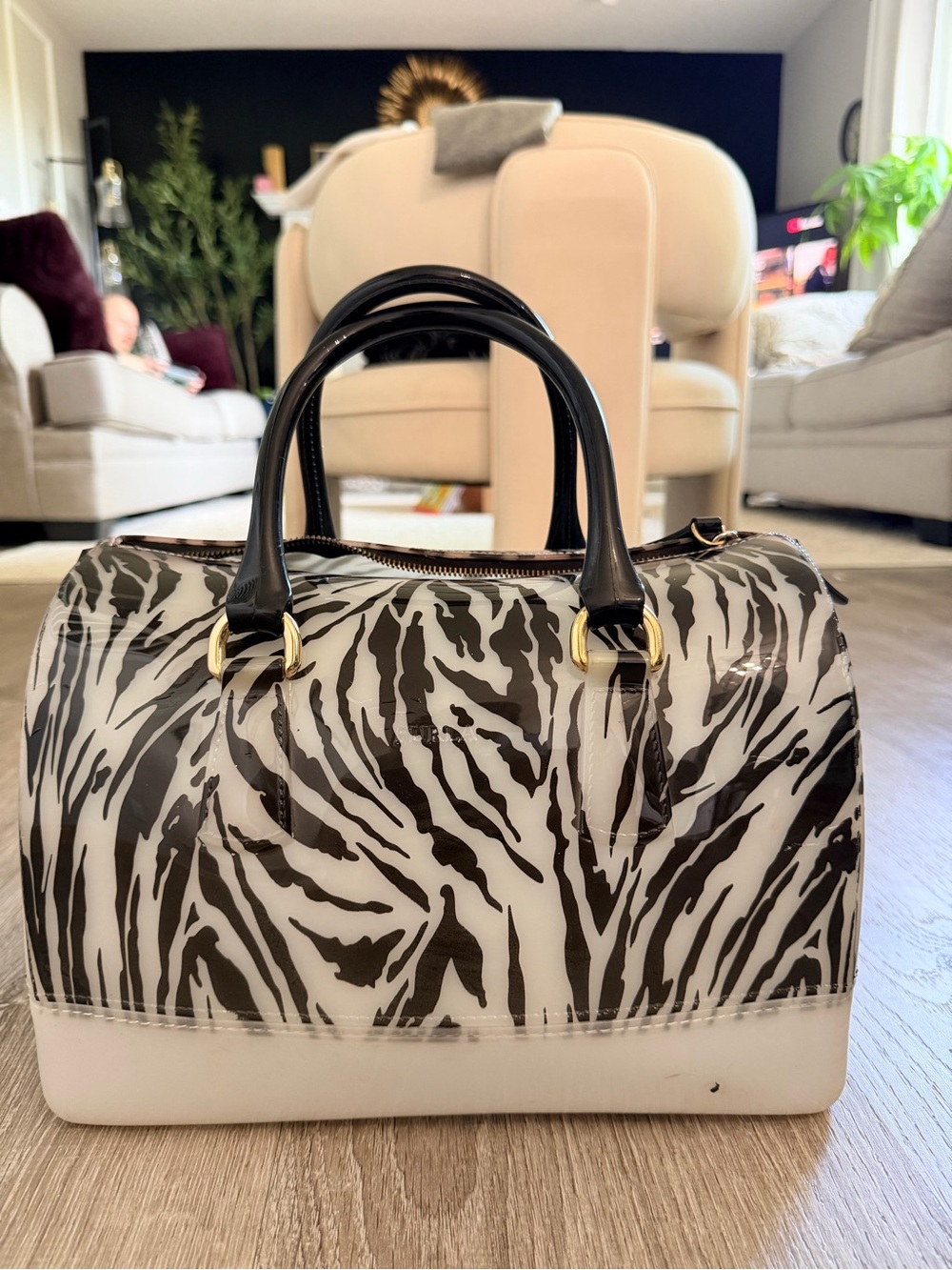 Furla Black & White Zebra-Print Dome Jelly Satchel